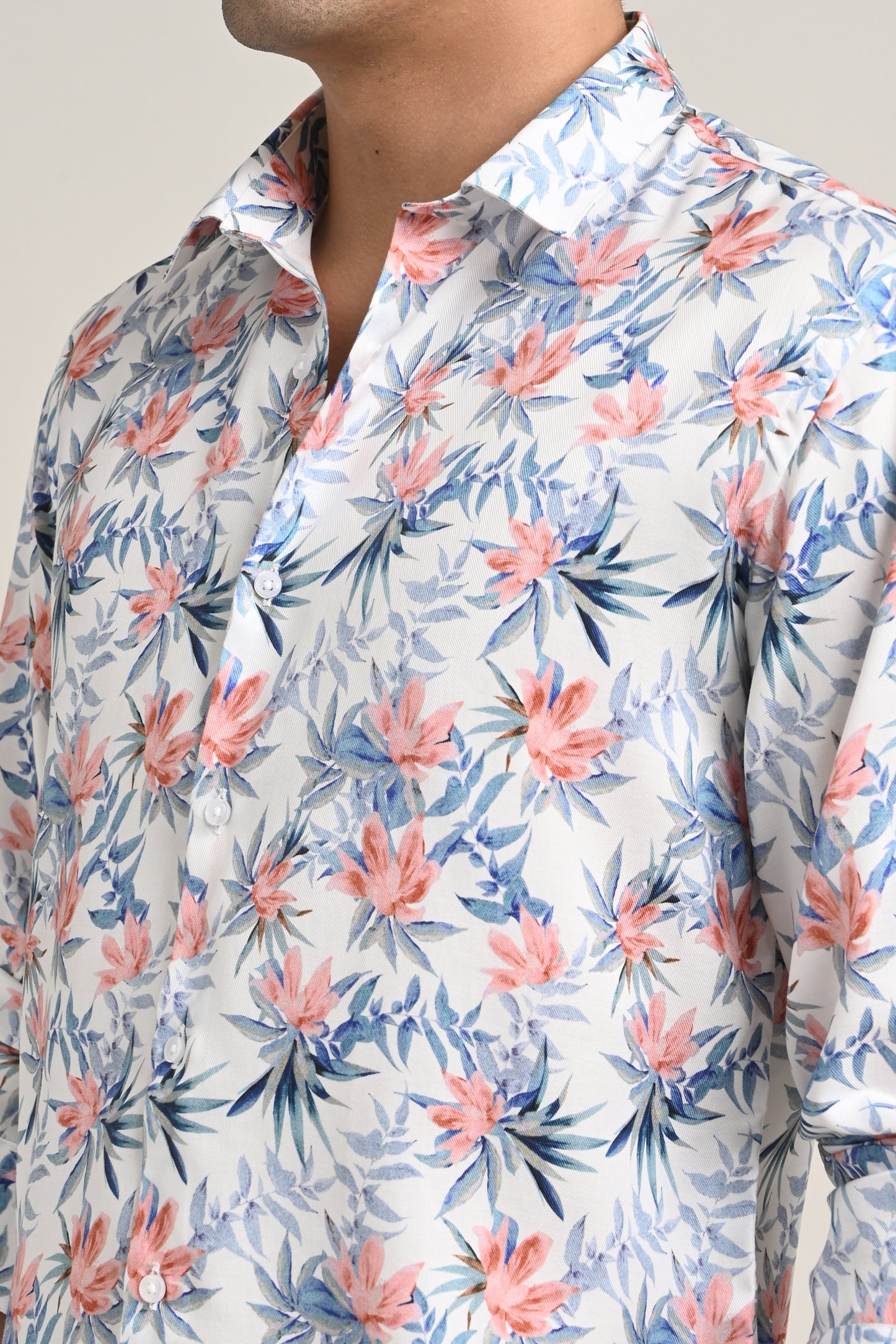 Premium Stretch Cotton Floral Shirt – Soft Peach Bloom