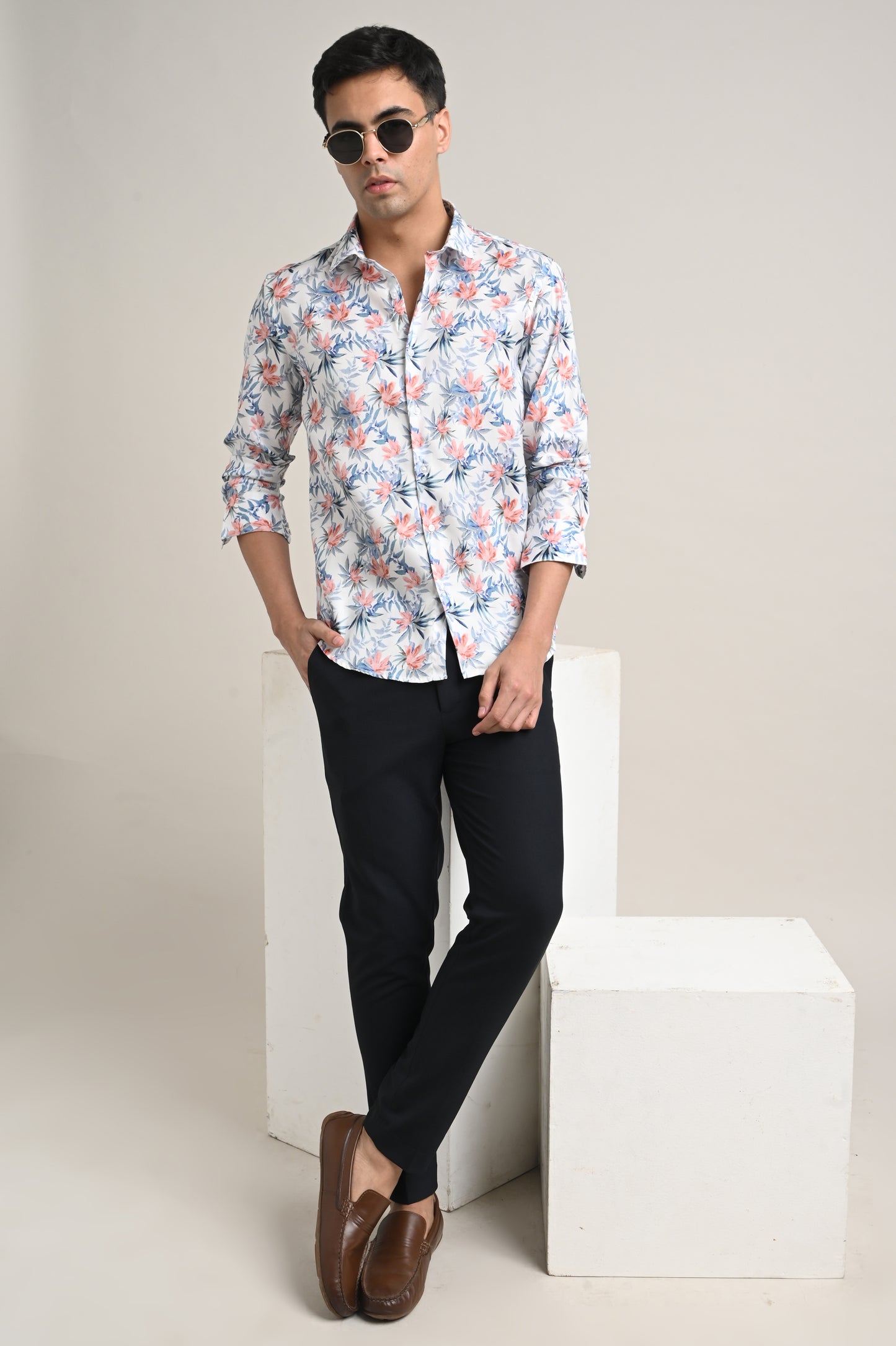 Premium Stretch Cotton Floral Shirt – Soft Peach Bloom