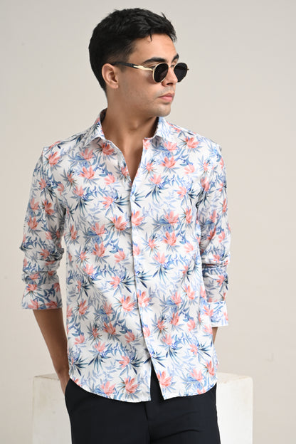 Premium Stretch Cotton Floral Shirt – Soft Peach Bloom