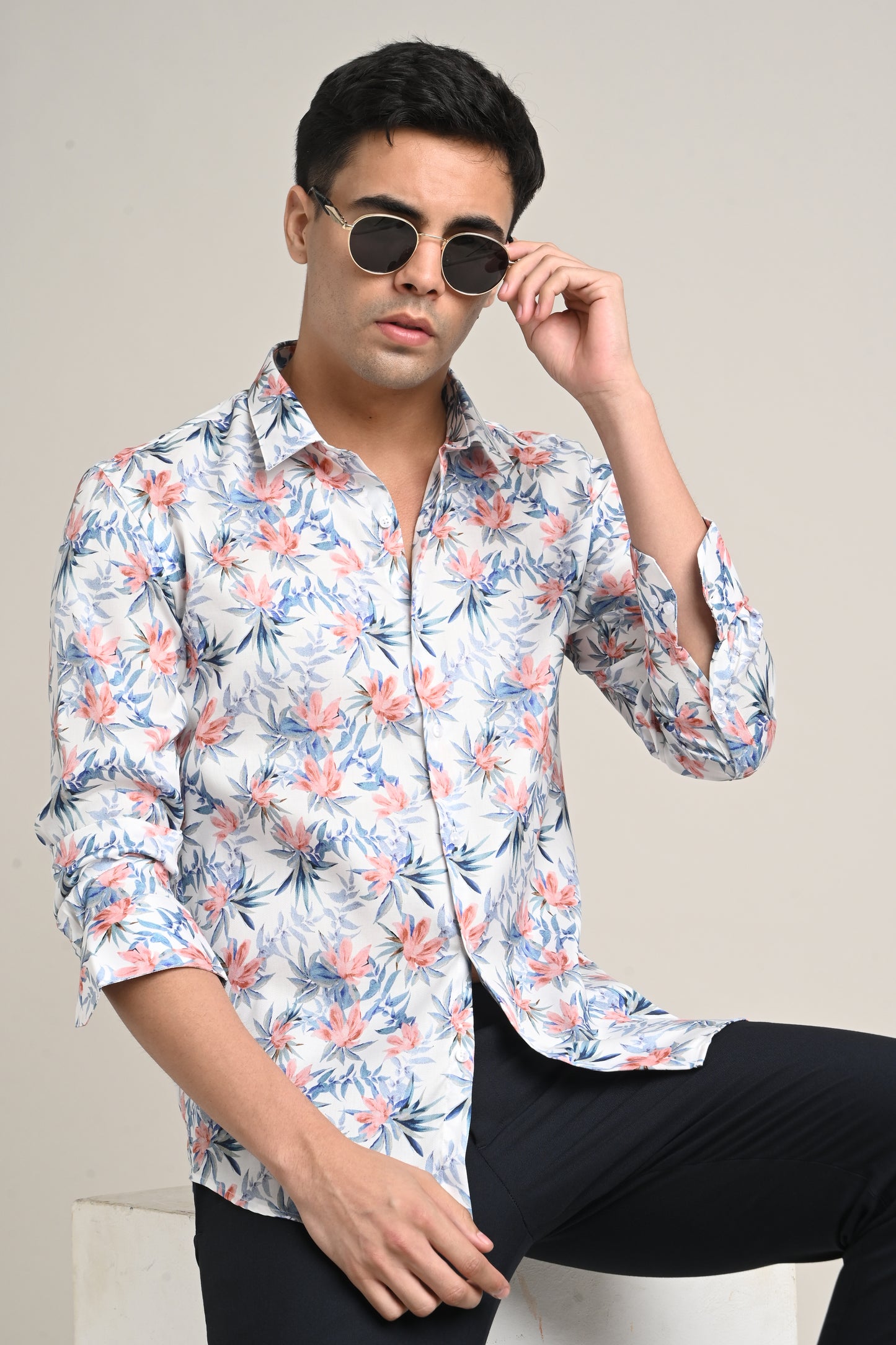 Premium Stretch Cotton Floral Shirt – Soft Peach Bloom