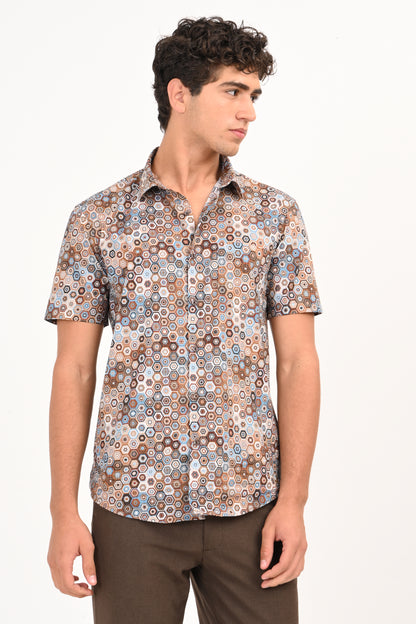 Brown & Blue Geometric Print Half Sleeves Casual Shirt - IVYN