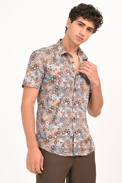 Brown & Blue Geometric Print Half Sleeves Casual Shirt - IVYN