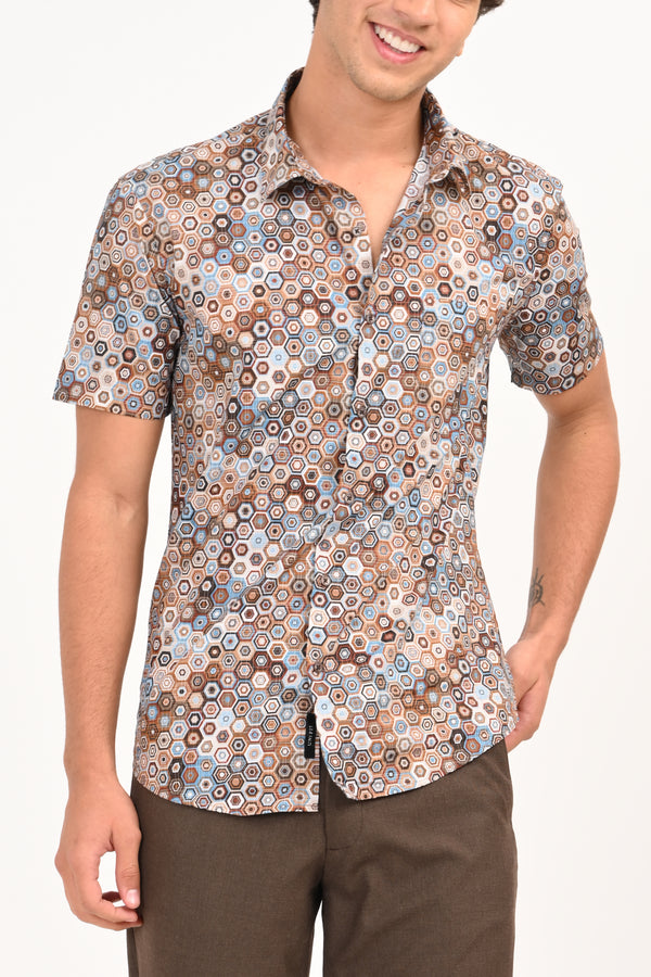 Brown & Blue Geometric Print Half Sleeves Casual Shirt — alternate view