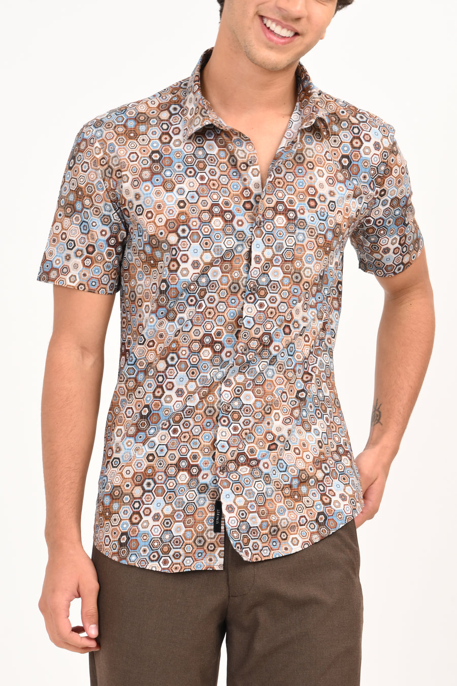 Brown & Blue Geometric Print Half Sleeves Casual Shirt - IVYN