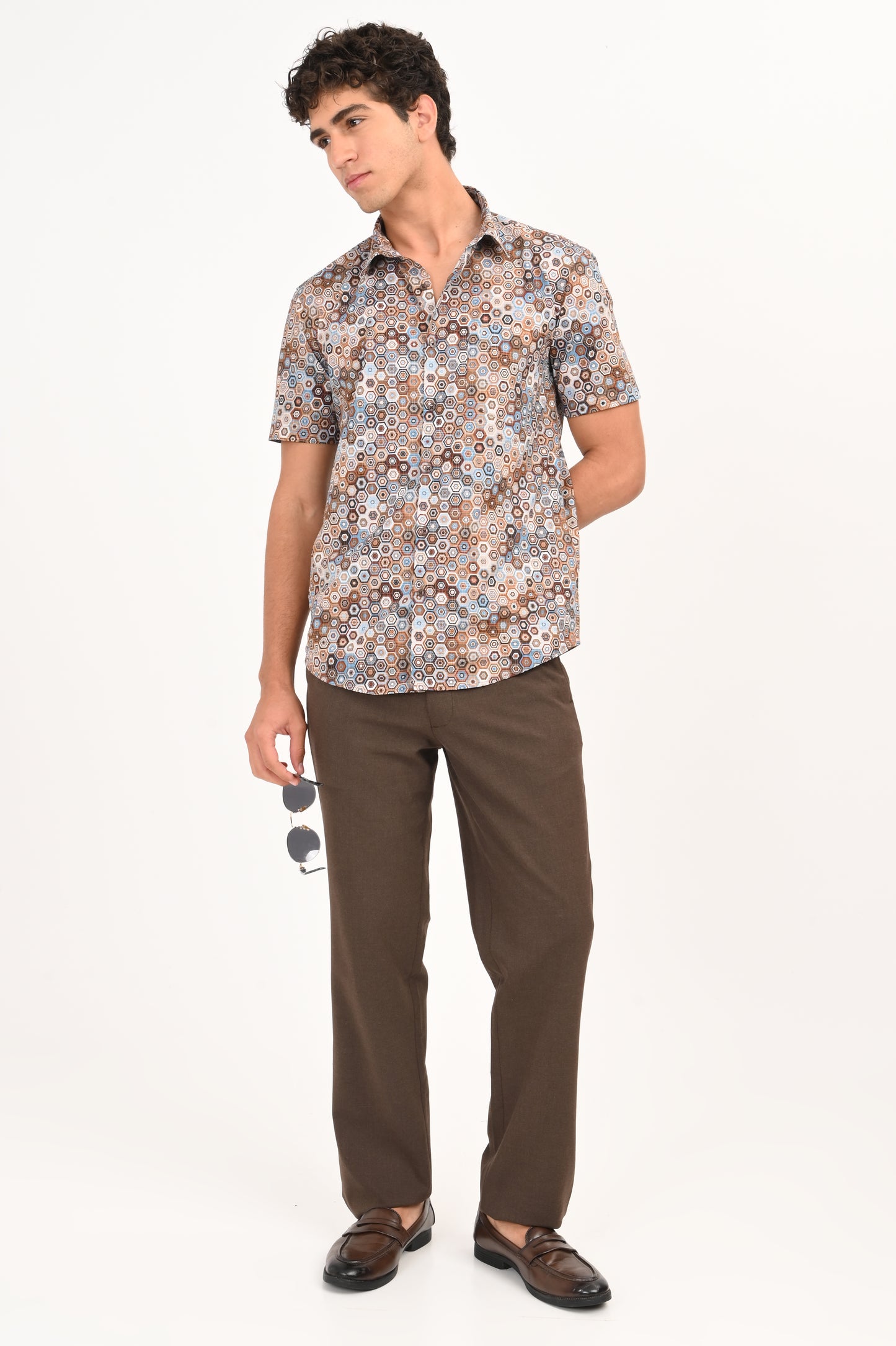 Brown & Blue Geometric Print Half Sleeves Casual Shirt