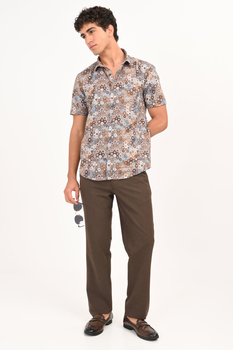 Brown & Blue Geometric Print Half Sleeves Casual Shirt - IVYN