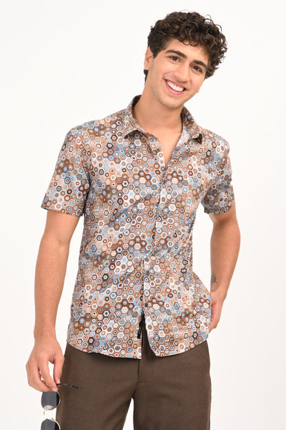 Brown & Blue Geometric Print Half Sleeves Casual Shirt - IVYN