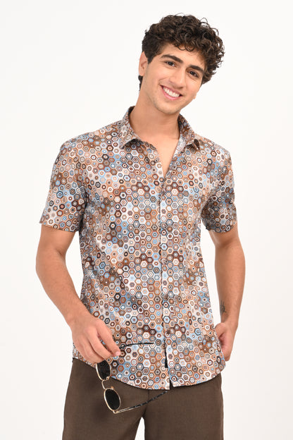 Brown & Blue Geometric Print Half Sleeves Casual Shirt - IVYN