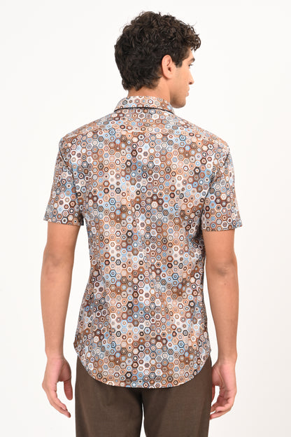 Brown & Blue Geometric Print Half Sleeves Casual Shirt - IVYN