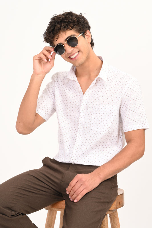 White Printed Half Sleeve Casual Shirt