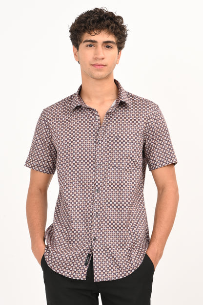 Brown Printed Half Sleeve Casual Shirt - IVYN