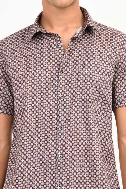 Brown Printed Half Sleeve Casual Shirt - IVYN
