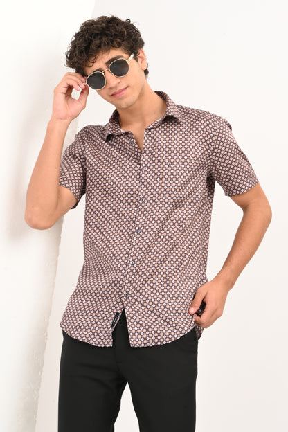 Brown Printed Half Sleeve Casual Shirt - IVYN