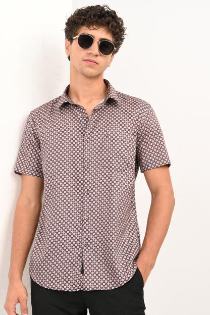 Brown Printed Half Sleeve Casual Shirt - IVYN