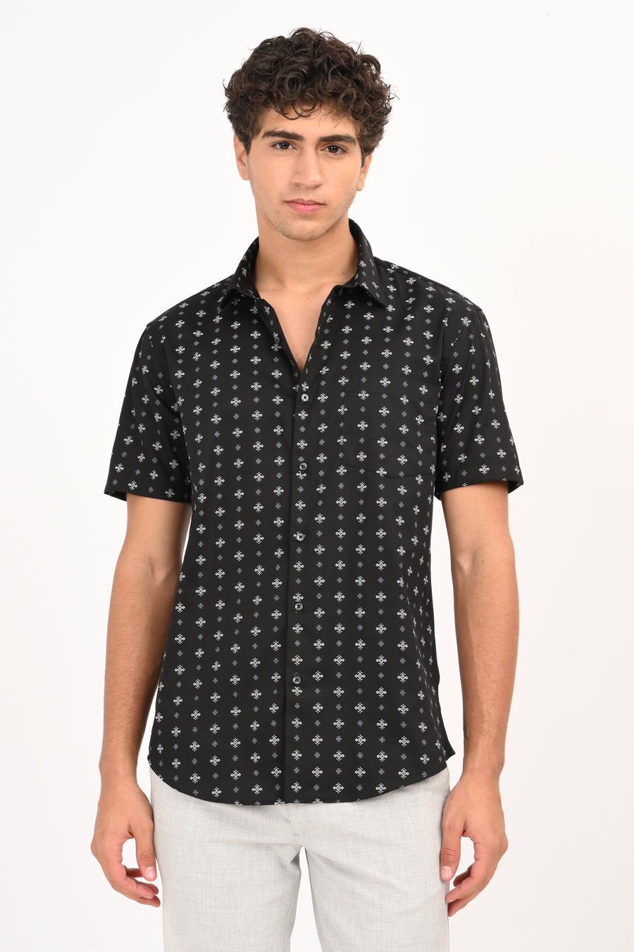 Black Printed Half Sleeve Casual Shirt - IVYN