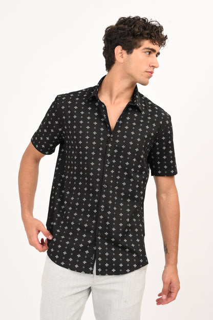 Black Printed Half Sleeve Casual Shirt - IVYN