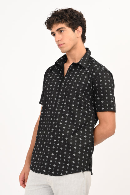 Black Printed Half Sleeve Casual Shirt - IVYN