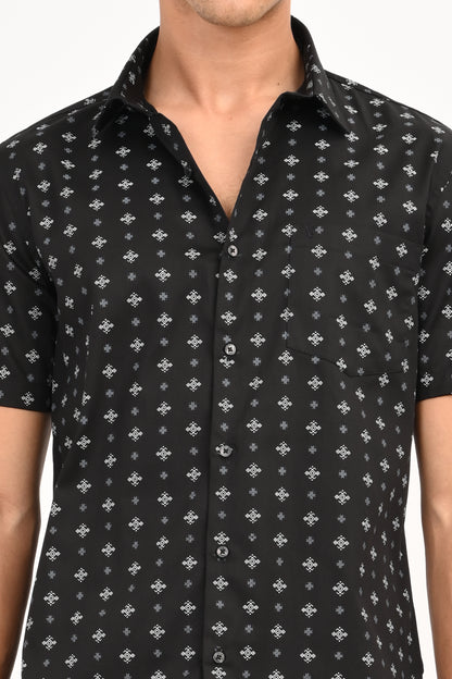 Black Printed Half Sleeve Casual Shirt - IVYN
