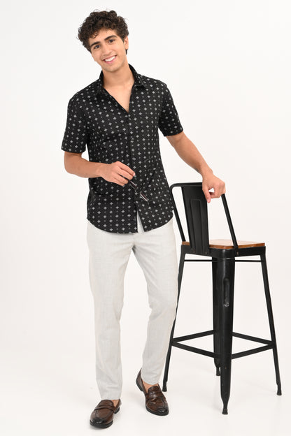 Black Printed Half Sleeve Casual Shirt - IVYN