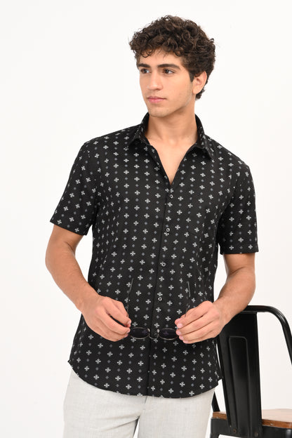 Black Printed Half Sleeve Casual Shirt - IVYN