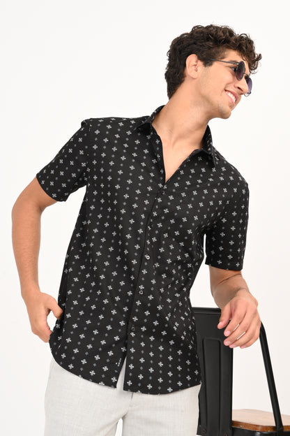 Black Printed Half Sleeve Casual Shirt - IVYN