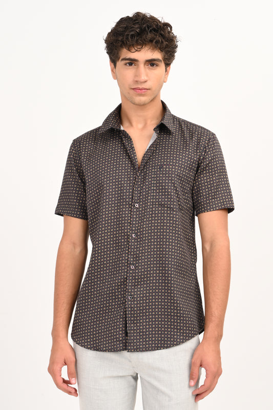 Dark Charcoal Microprint Casual Shirt – Half Sleeve, Unifit