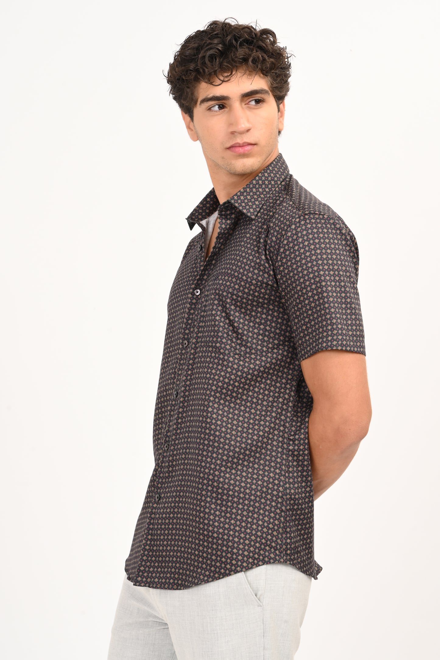 Dark Charcoal Microprint Half Sleeve Casual Shirt