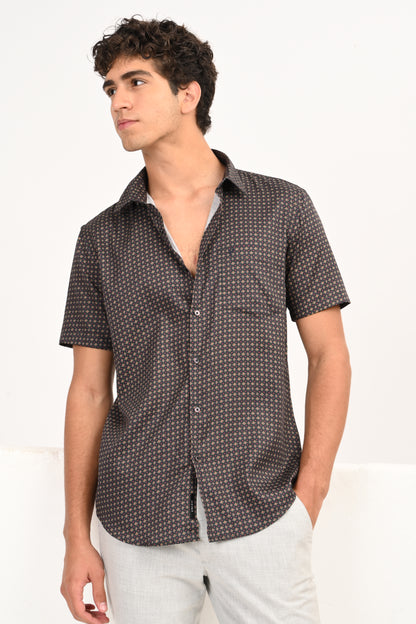 Dark Charcoal Microprint Half Sleeve Casual Shirt - IVYN