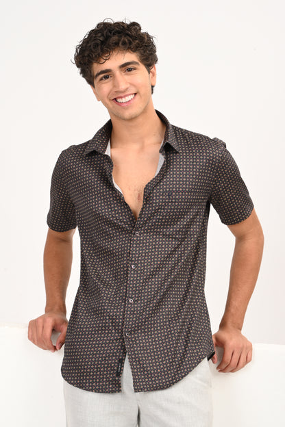 Dark Charcoal Microprint Half Sleeve Casual Shirt - IVYN