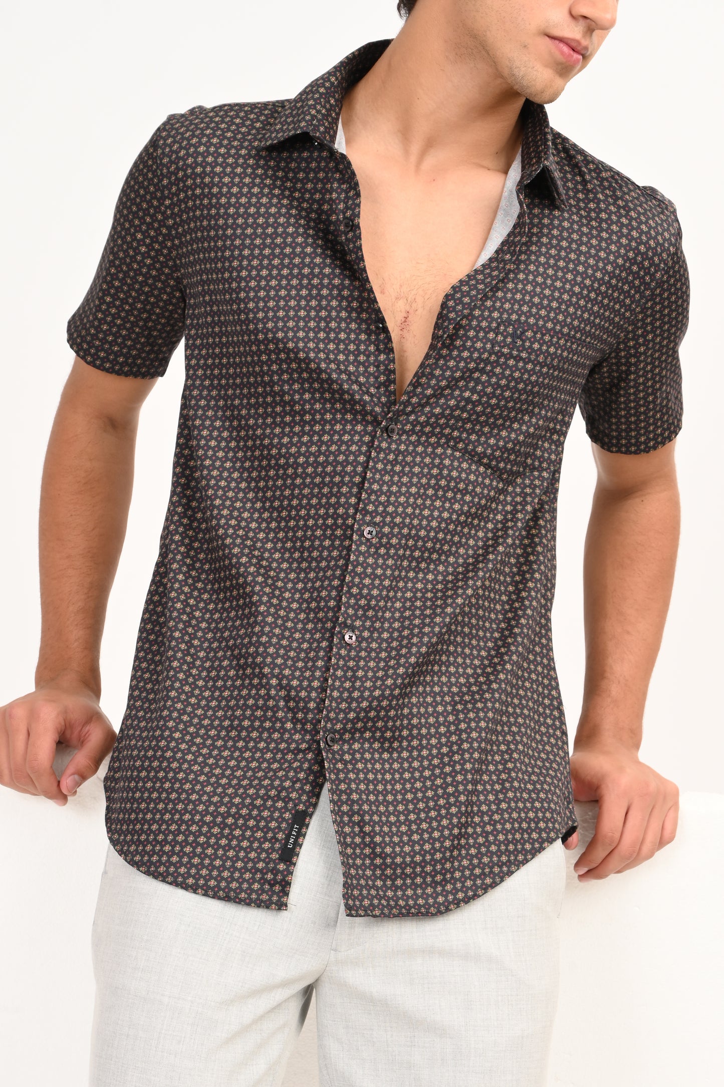 Dark Charcoal Microprint Half Sleeve Casual Shirt
