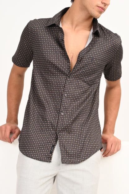 Dark Charcoal Microprint Half Sleeve Casual Shirt - IVYN