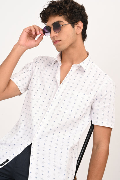White Microprint Half Sleeve Casual Shirt - IVYN