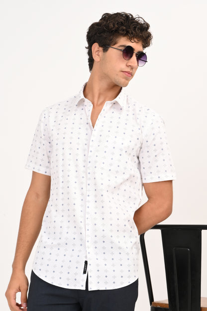 White Microprint Half Sleeve Casual Shirt - IVYN