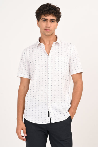 White Microprint Half Sleeve Casual Shirt - IVYN