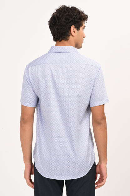 Light Blue Geometric Microprint Half Sleeve Casual Shirt - IVYN