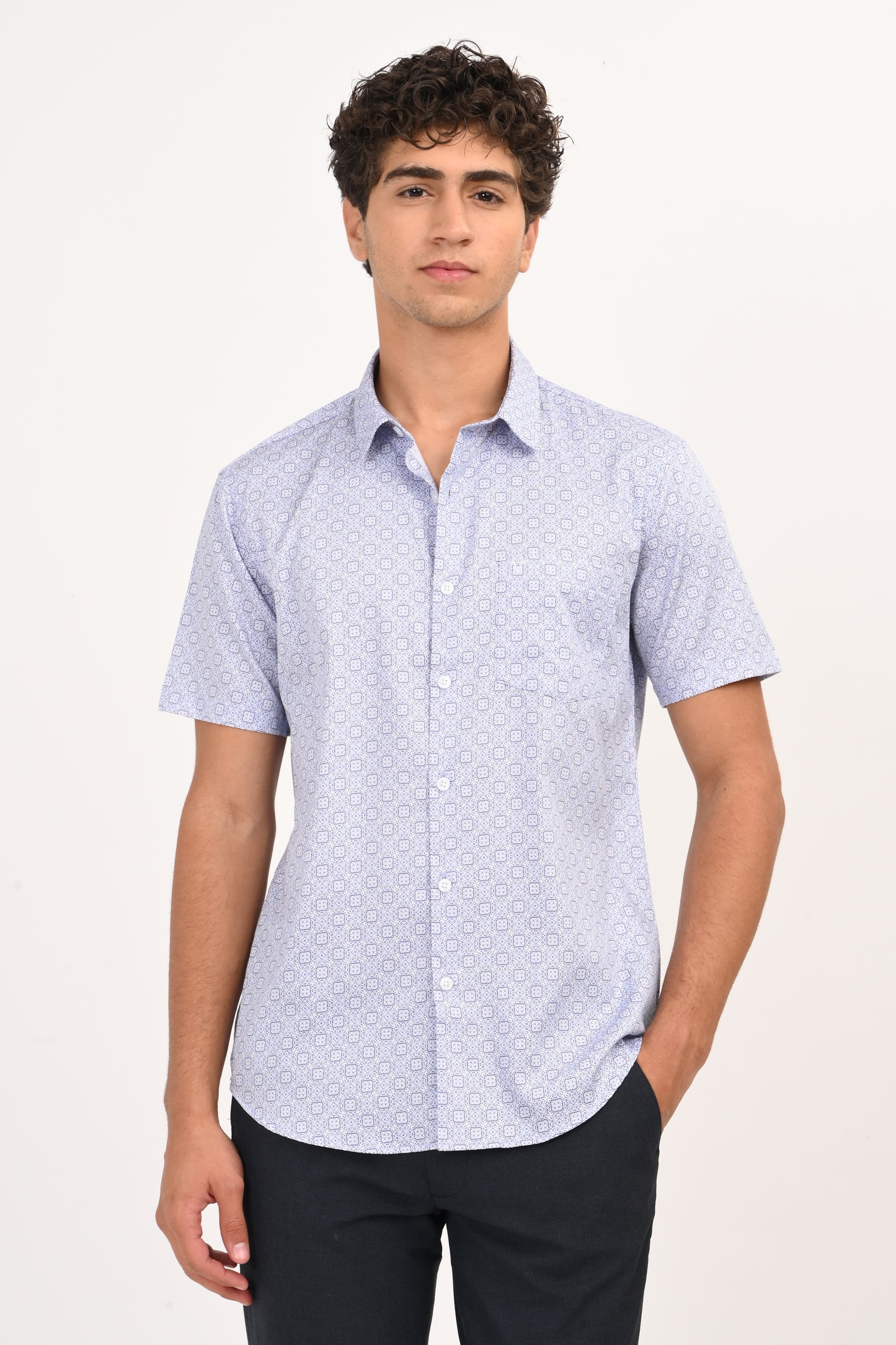 Light Blue Geometric Microprint Half Sleeve Casual Shirt