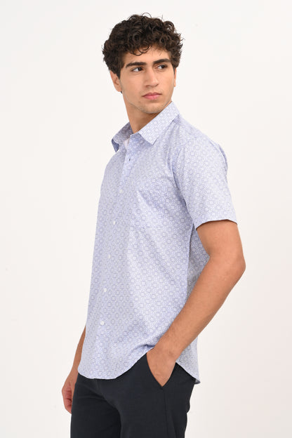 Light Blue Geometric Microprint Half Sleeve Casual Shirt - IVYN
