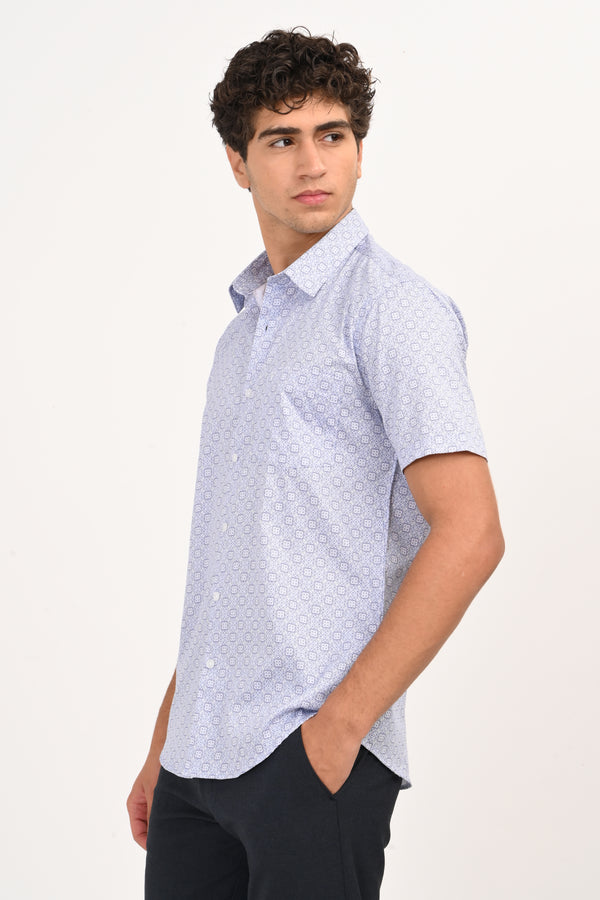 Light Blue Geometric Microprint Half Sleeve Casual Shirt — view 5