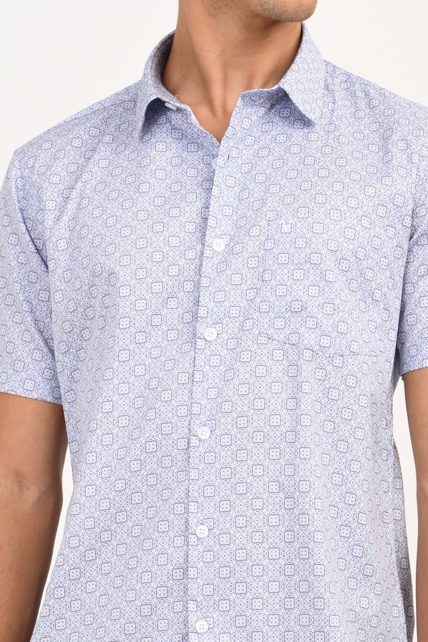 Light Blue Geometric Microprint Half Sleeve Casual Shirt — alternate view