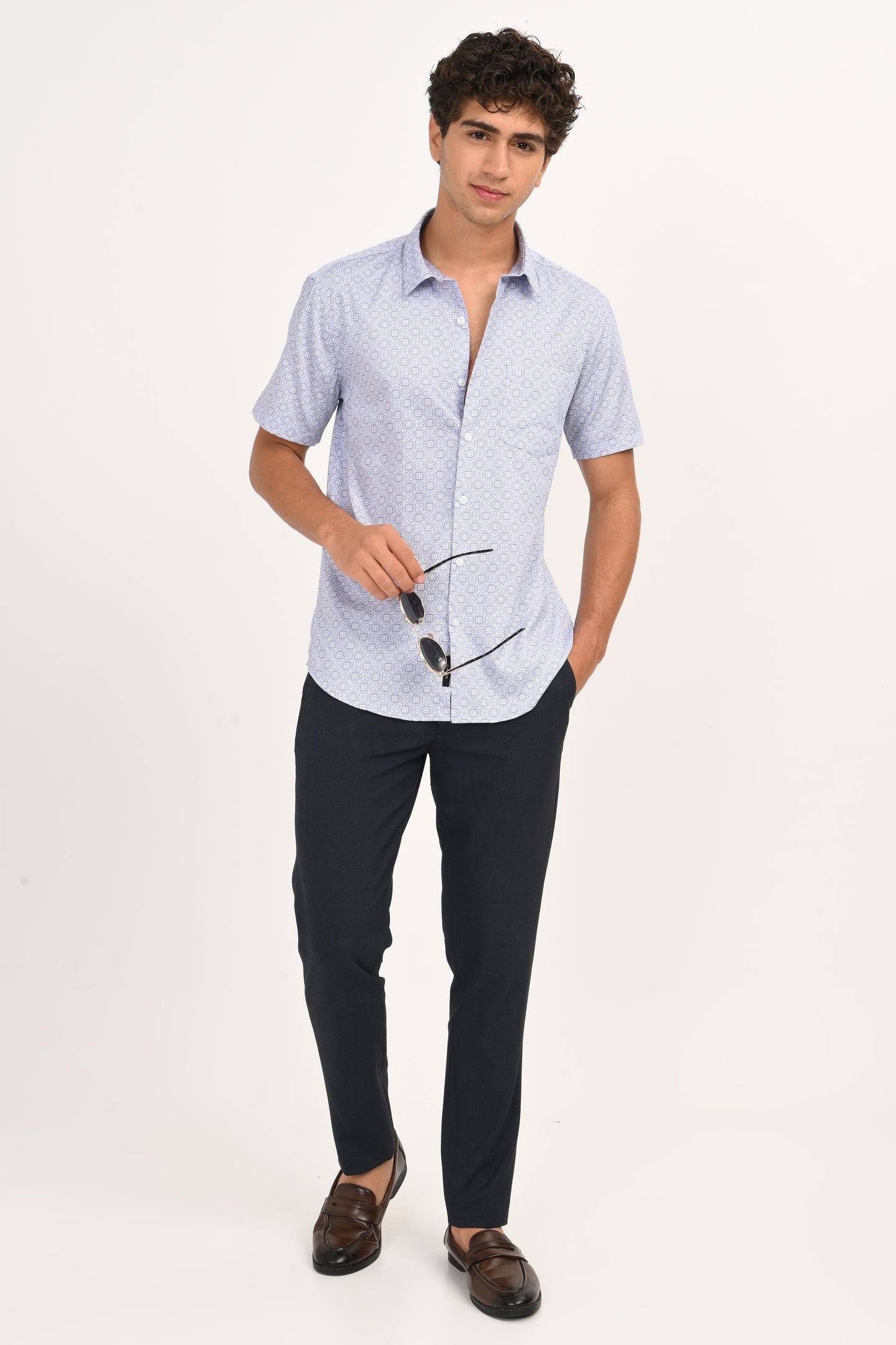 Light Blue Geometric Microprint Half Sleeve Casual Shirt