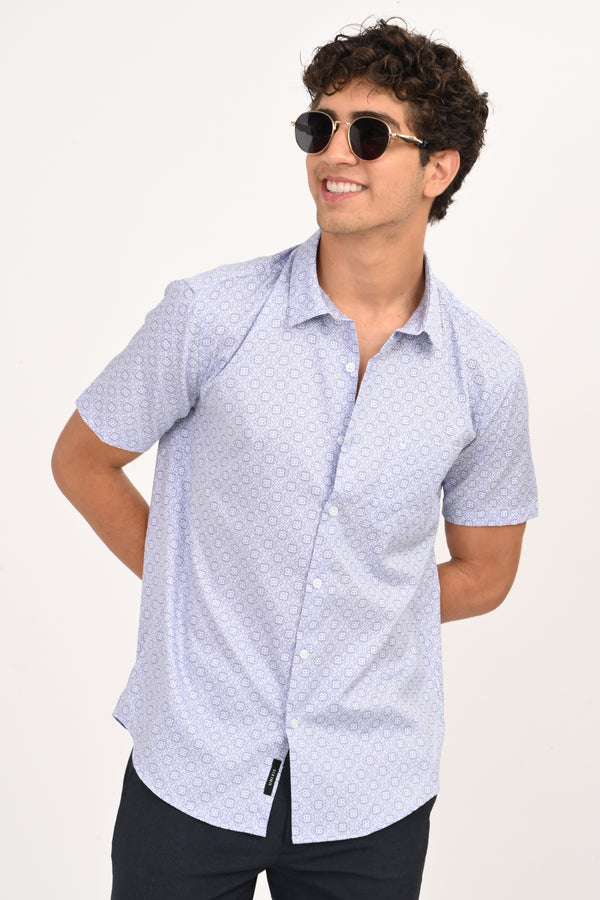 Light Blue Geometric Microprint Half Sleeve Casual Shirt