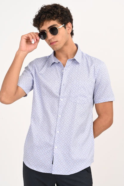 Light Blue Geometric Microprint Half Sleeve Casual Shirt - IVYN