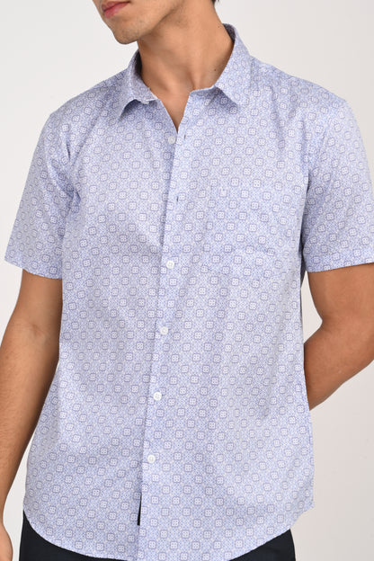 Light Blue Geometric Microprint Half Sleeve Casual Shirt - IVYN