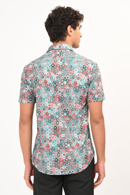 Multicolor Hexagon Print Half Sleeve Casual Shirt - IVYN