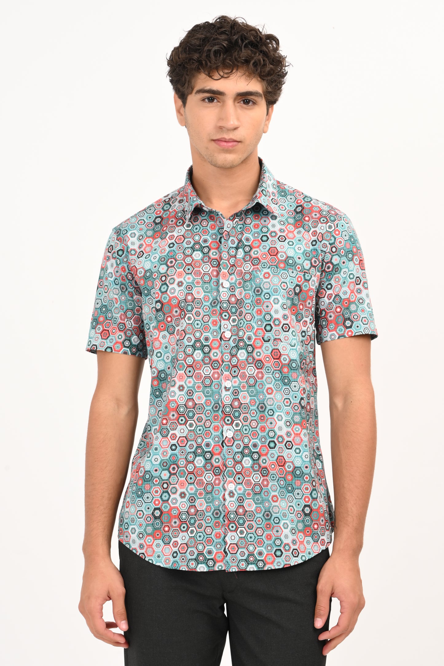 Multicolor Hexagon Print Half Sleeve Casual Shirt