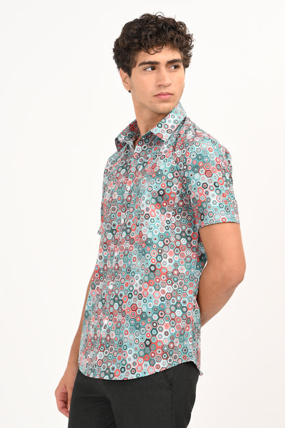 Multicolor Hexagon Print Half Sleeve Casual Shirt - IVYN
