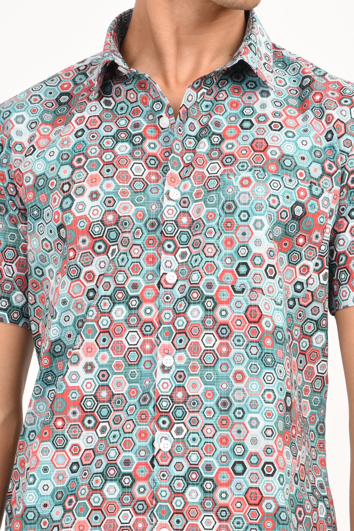 Multicolor Hexagon Print Half Sleeve Casual Shirt