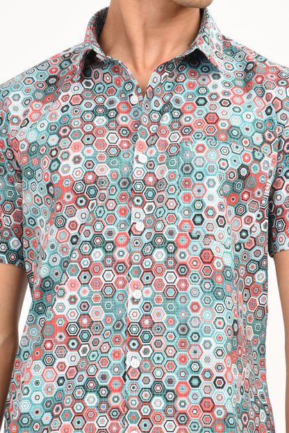 Multicolor Hexagon Print Half Sleeve Casual Shirt - IVYN