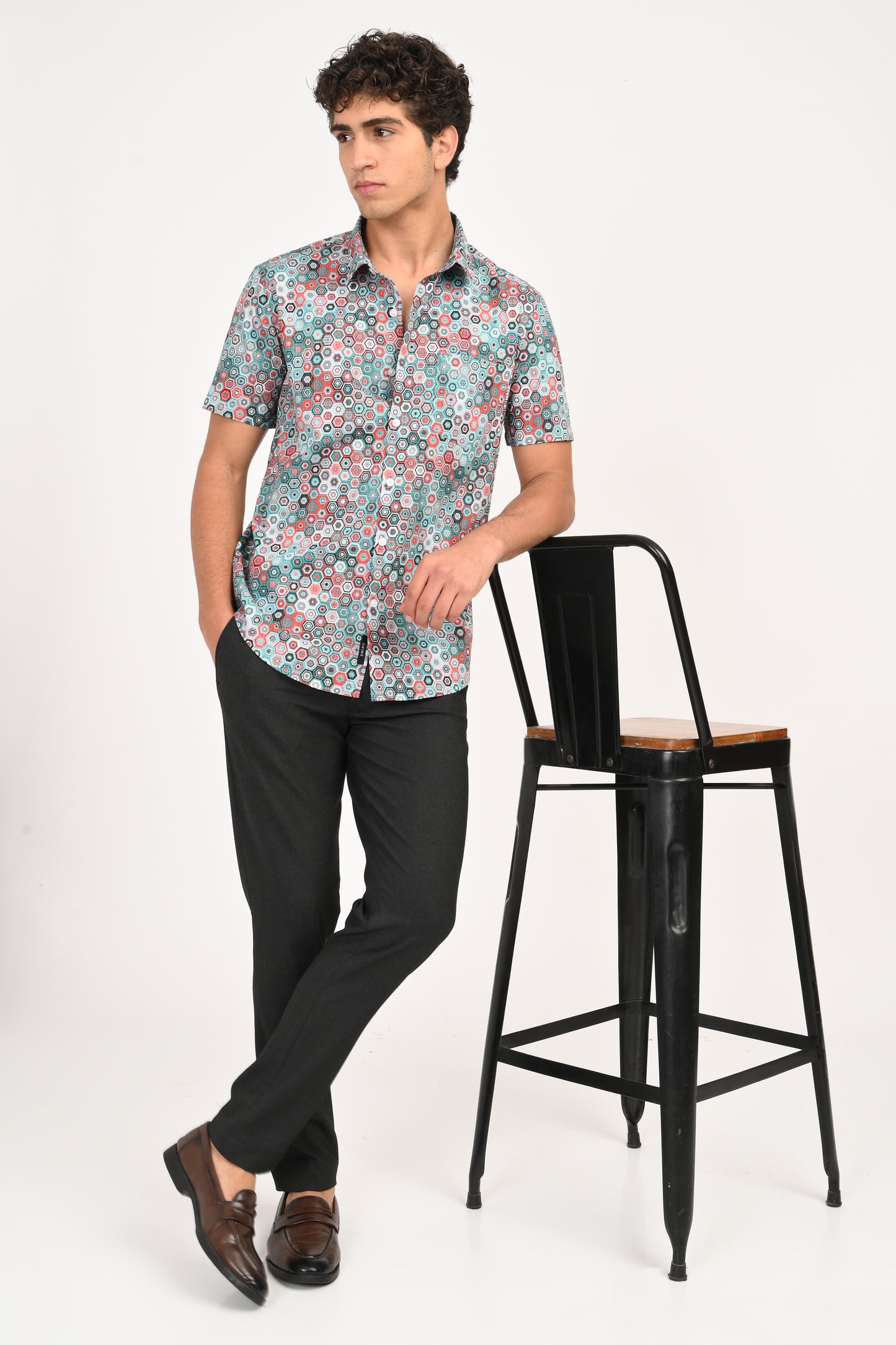 Multicolor Hexagon Print Half Sleeve Casual Shirt
