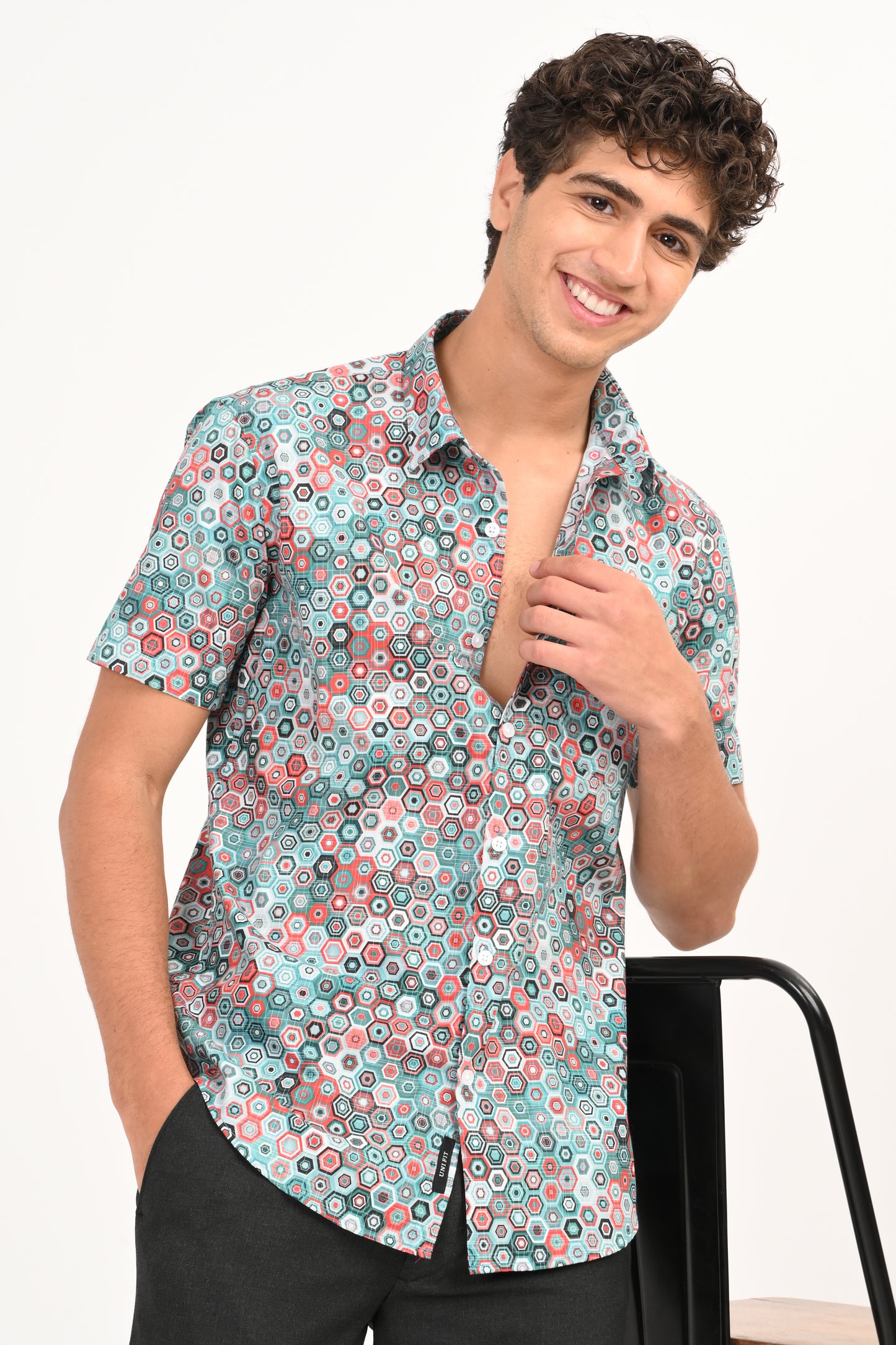 Multicolor Hexagon Print Half Sleeve Casual Shirt